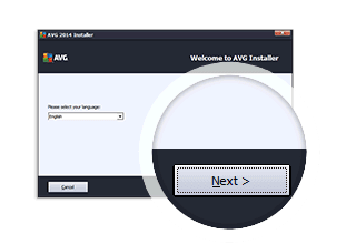 AVG Installer window with close up to Next button