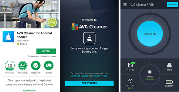 AVG Cleaner, Cleaner FREE, uživatelské rozhraní pro Android, 590 x 305 px