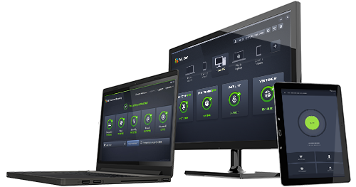 Equipo portátil, monitor y tablet con la interfaz de la aplicación AVG Zen