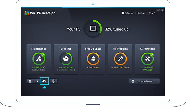 Ovládací panel aplikace PC TuneUp – Turbo režim