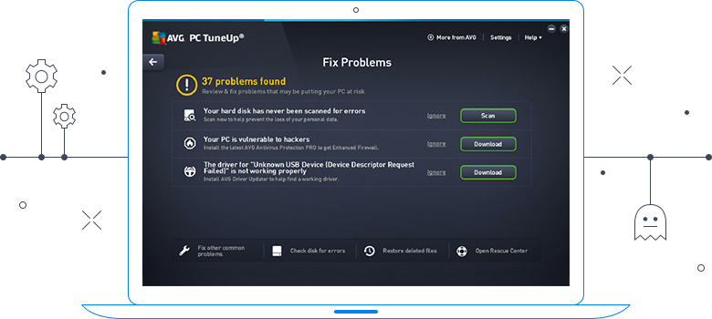 Uživatelské rozhraní aplikace AVG TuneUp – odstranění problémů