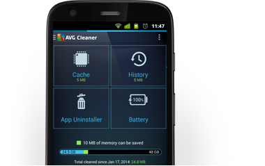Motorola G, polovina, uživatelské rozhraní aplikace AVG Cleaner, 380 x 239 px