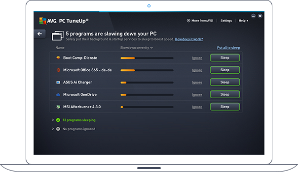Interfaz de PC TuneUp con los programas que ralentizan su PC