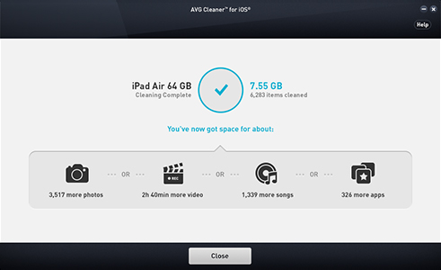 Uživatelské rozhraní aplikace AVG Cleaner pro iOS