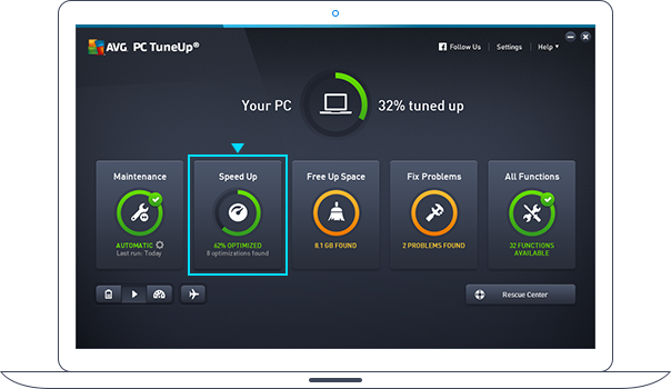 Ovládací panel aplikace PC TuneUp