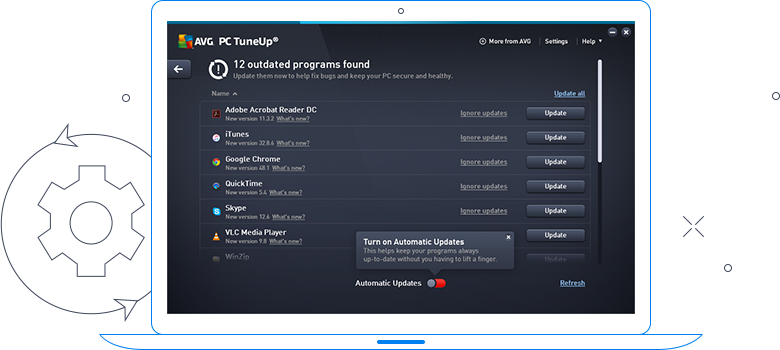 Interfejs użytkownika aplikacji AVG TuneUp — znaleziono 12 przestarzałych programów