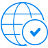 Icono de función de globo terráqueo con signo de verificación color azul