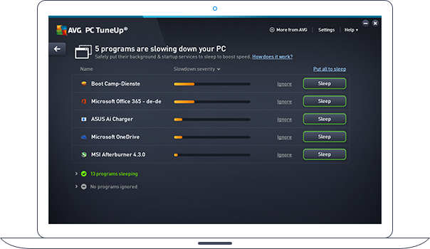 Interface PC TuneUp met programma’s die de pc langzamer maken