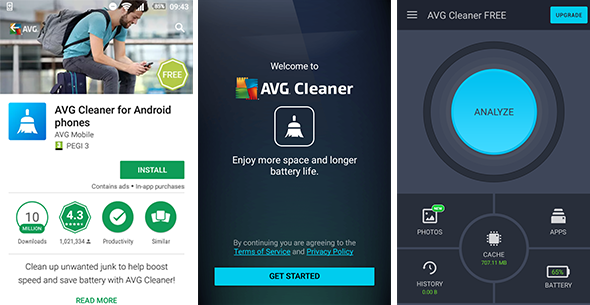 AVG Cleaner、Cleaner FREE、Android 使用者介面、590 x 305 像素