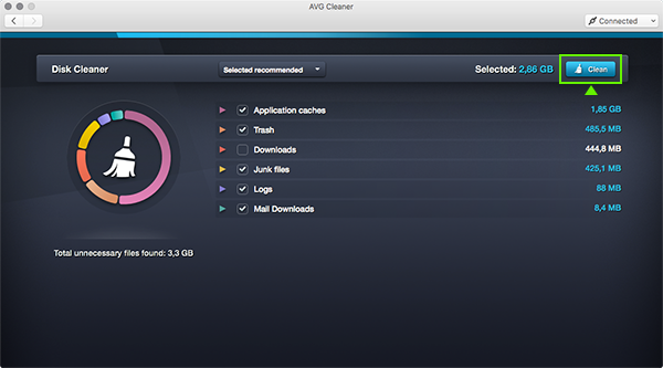 AVG Cleaner for Mac UI - disk clean scan results