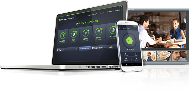 ordinateur portable et appareil mobile avec AVG&nbsp;Internet&nbsp;Security à côté de la bibliothèque de photos