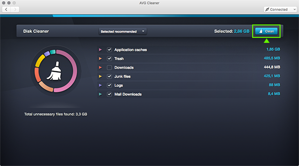 UI AVG Cleaner voor Mac &ndash; resultaten Disk Clean-scan