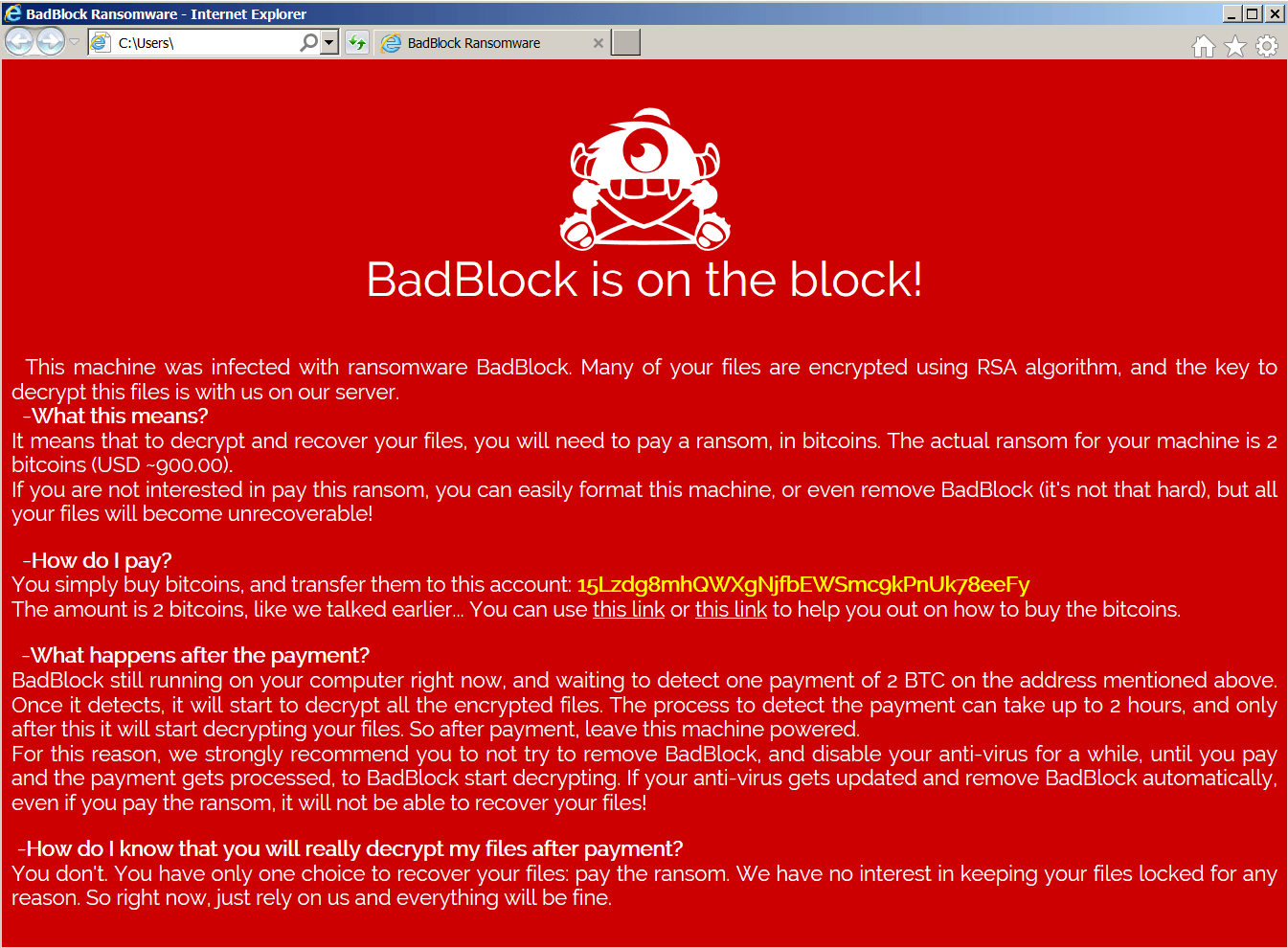 Captura de ecrã do ransomware BadBlock