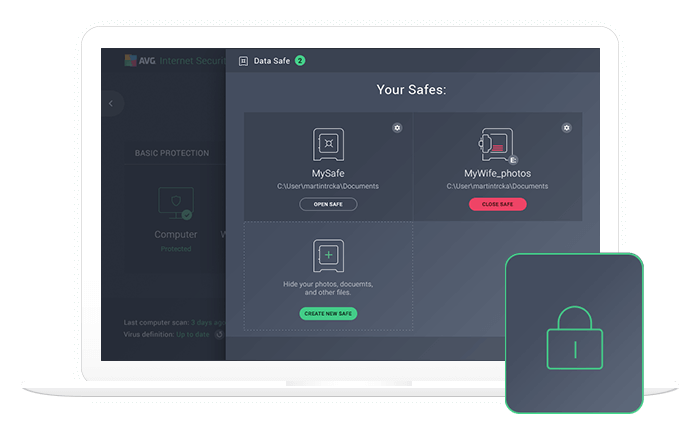 white laptop with AVG Internet Security data safe screen